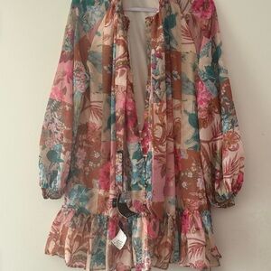 Floral Patchwork Long-Sleeve Ruffle Dress - Pink Teal Brown